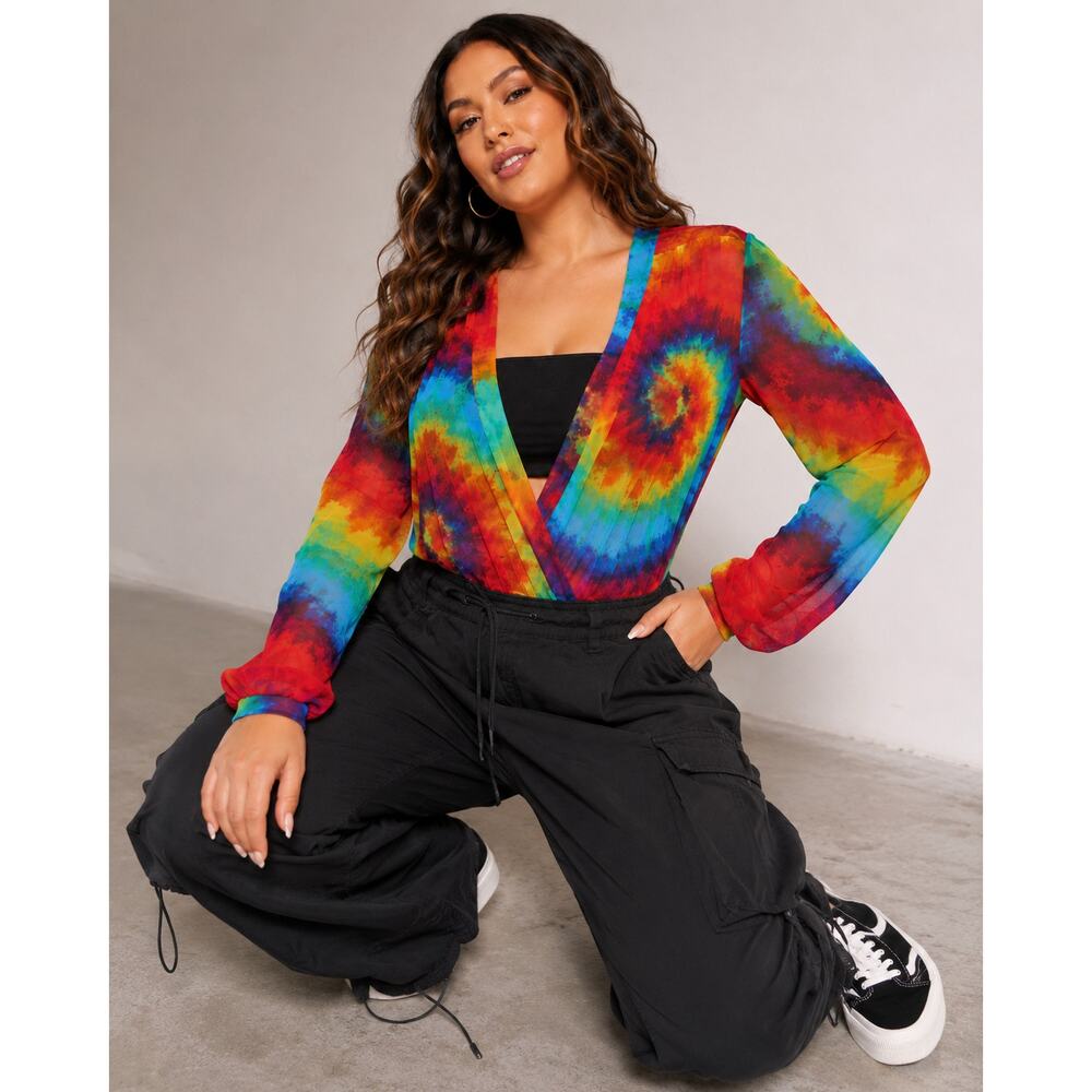 Love XL Rainbow Tie Dye Mesh Surplice Long Sleeve Bodysuit